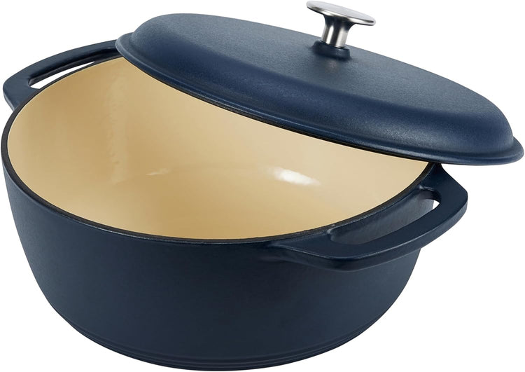 Amazon Basics Cast Iron Dutch Oven Pot with Lid, Enameled, Round, Dual Handles, Heavy-Duty, Medium, 6-Quart, Matte Navy - Nestoria