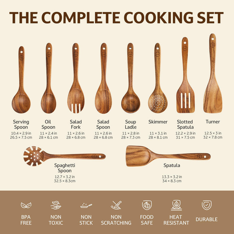 10 Piece Teak Wood Cooking Utensil Set (10 Count)