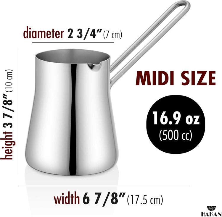 Hakan Topkapı Stainless Steel Turkish Coffee Pot, 16.9 Oz, 500 cc Midi Greek Arabic Coffee Maker with Spout, Stove Top Coffee Maker in Box, Milk Warmer with Handle, Chai Pot Cezve, Ibrik, Briki