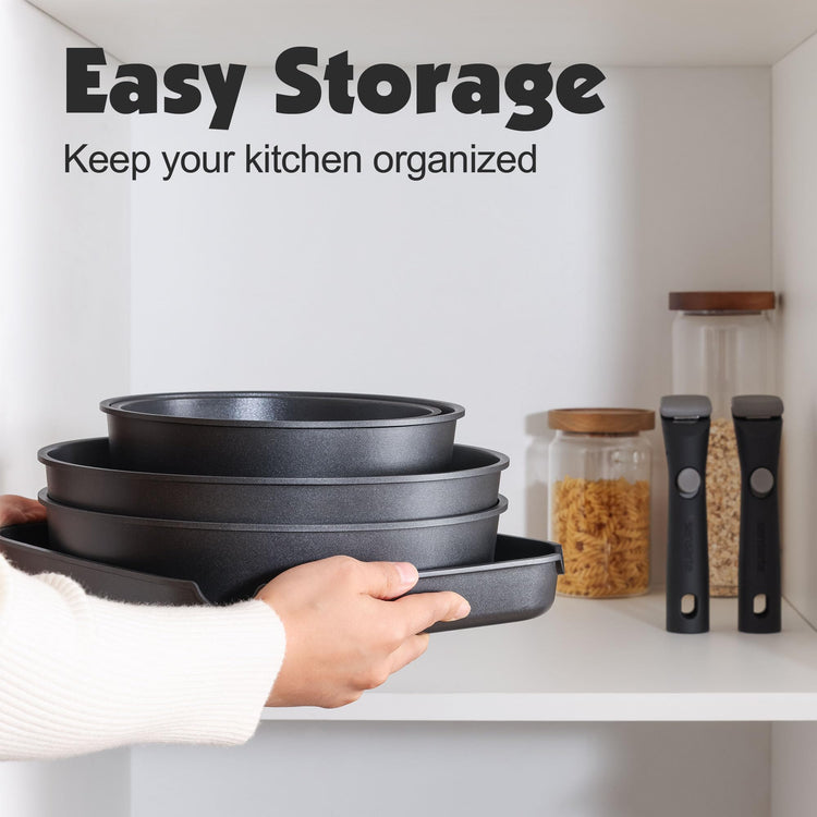 17 Piece Nonstick Detachable Handle Pots and Pans Set Black