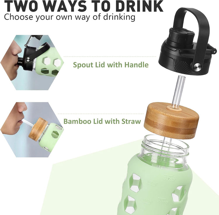 MUKOKO Glass Water Bottles,24oz Glass Tumbler with Straw,Drinking Bottles with 2 Lids-Handle Spout Lid&Bamboo Straw Lid,Motivational Water Bottle with Time Marker and Silicone Sleeve,1 Pack-Mustard