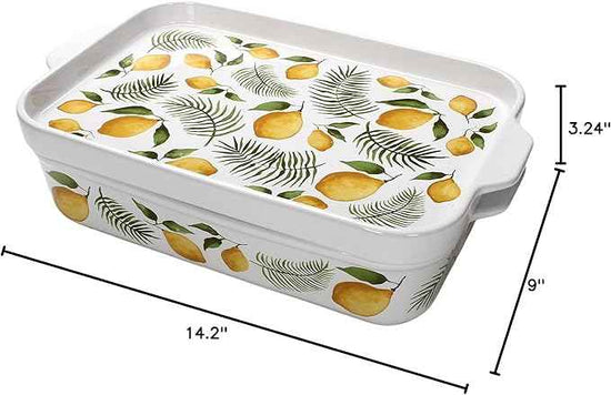 Temp-tations by Tara Baking Pans Set - 9x13" Set of 2 Lemons and Palm Bakeware Sets with Casserole Dish for Oven and Serving Dish for Lasagna, Pies, Meatloaf, Hand-Painted Ceramic Casserole Oven Pan