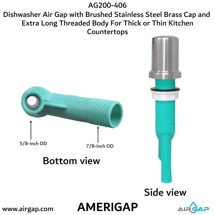 Dishwasher Air Gap with Skirted Brushed Stainless Steel Brass Cap and Extra Long Threaded Body for Thick or Thin Kitchen Countertops