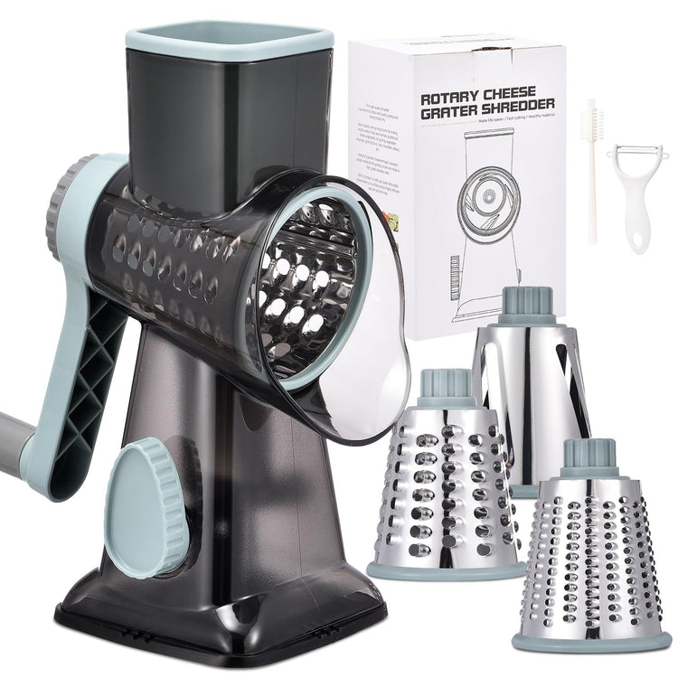 Rotary Cheese Grater with Handle Kitchen Shredder Slicer Grater Slicer Ice Shaver Cheese Vegetable Nuts Potato Zucchini Chocolate 3 Interchangeable Blades
