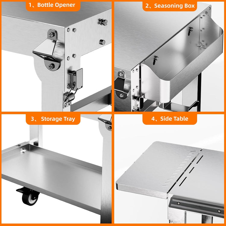 Food Grade 304 Stainless Steel BBQ Grill Table fits Tabletop Griddle, Outdoor Grill Table with 4 Foldable Legs, Portable Grill Stand for RV, Camping, Tailgating
