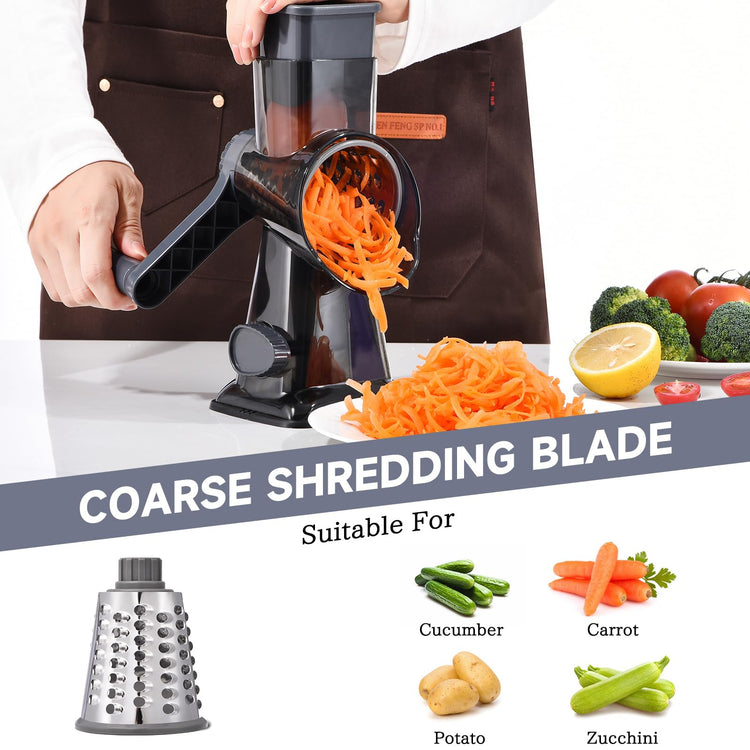 Rotary Cheese Grater with Handle Kitchen Shredder Slicer Grater Slicer Ice Shaver Cheese Vegetable Nuts Potato Zucchini Chocolate 3 Interchangeable Blades