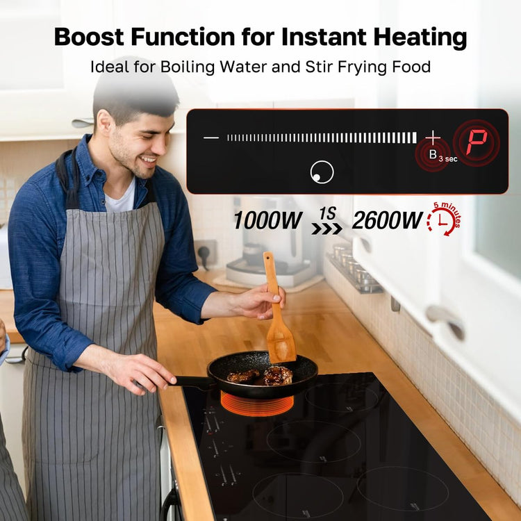 ThermoMate 30 Inch Induction Cooktop, 9000W Built in Induction Stove Top, Electric Cooktop with 5 Boost Burner, 9 Heating Level, Timer & Child Safety Lock, Sensor Touch Control, 240V