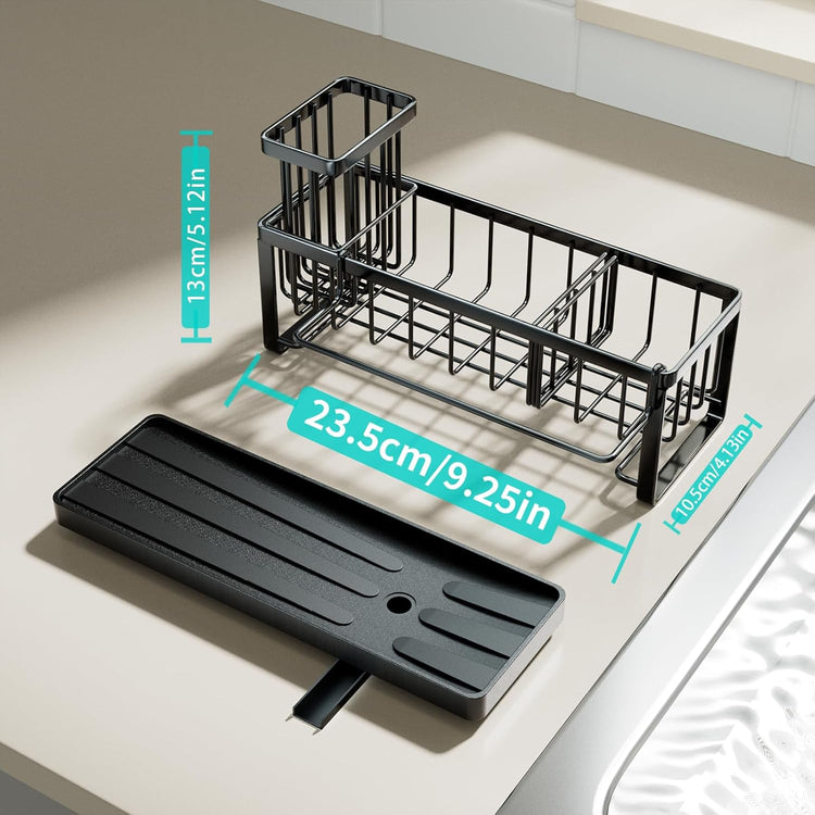 HapiRm Sponge Holder for Kitchen Sink - Self-draining Sink Caddy With Brush and Dishcloth Holders, Stainless Steel Kitchen Organizer for Countertop - Black