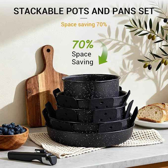 Ammeloo 21 Pcs Pots and Pans Set Non Stick, Ceramic Kitchen Cookware Set with Detachable Handle, Non Toxic Cooking Set for Kitchen, RV, Camping and Fridge, Induction Ready, Dishwasher/Oven Safe, Black