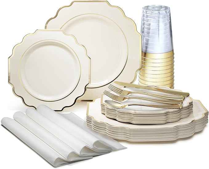 " OCCASIONS " 200 Piece set (25 Guests)-Wedding Plastic Plates & cutlery -Disposable heavyweight Dinnerware 10.5'', 8'' + Silverware + Cups + Napkins (Imperial Ivory & Gold)