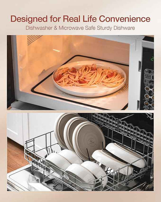 Famiware Milkyway Stoneware Dinnerware Sets with Pasta Bowls, Service for 6 (24 Pieces), Plates and Bowls Sets -Scratch Resistant, Microwave and Dishwasher Safe Dishes Set, White