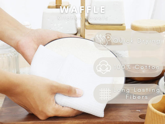 PurpleEssences Waffle Weave Kitchen Towel, 100% Cotton - 15 x 25 Inches, with Hanging Loop Ultra Soft Absorbent Quick Drying Dish Cloth, Tea and Hand Towels, 4 Pack - Spring Summer - White - Nestoria