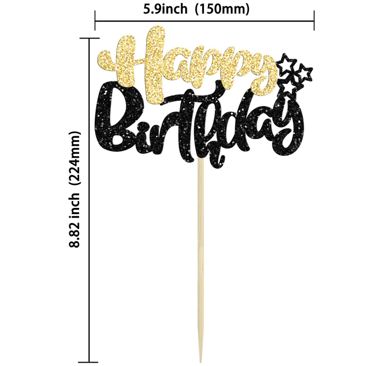 24Pcs Happy Birthday Cupcake Toppers Double Layer Glitter Happy Birthday Cake Decorations for Celebrating Baby Shower Theme Kids Boys Girls Birthday Party Cake Decorations Supplies Black Gold (24 Count)