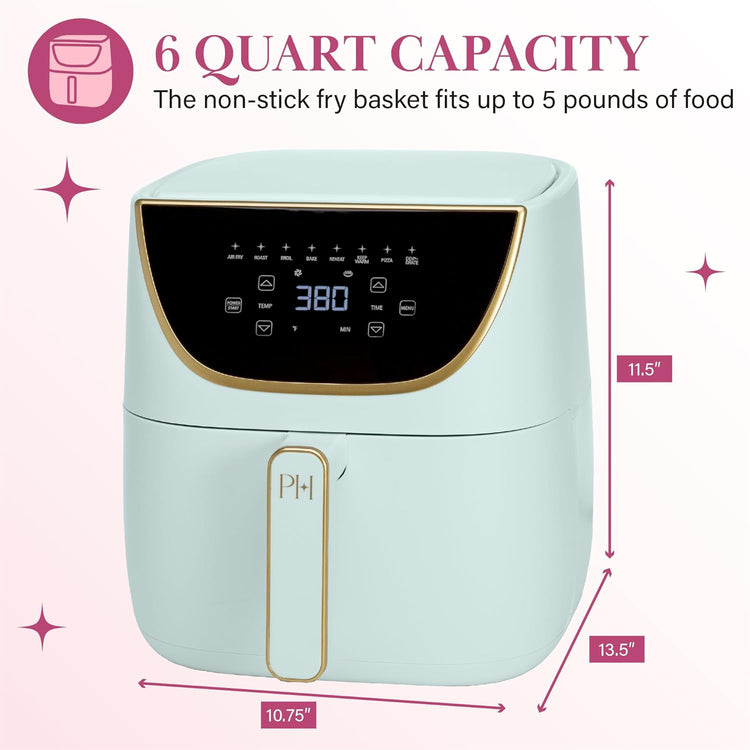 Paris Hilton Air Fryer, Large 6-Quart Capacity, Nonstick Made without PFAS, Touchscreen Display, 8-in-1 (Air Fry, Roast, Broil, Bake, Reheat, Keep Warm, Pizza, Dehydrate), Dishwasher Safe, Aqua