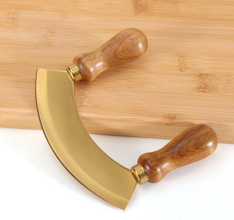 5.4 Inch Stainless Steel Mezzaluna Knife - Salad Chopper Rocker Pizza Cutter Rocker Knife Curved Blade Sharp Blade Double Acacia Wood Handle Fruit Vegetable Mincing (5.4 Inch Gold)