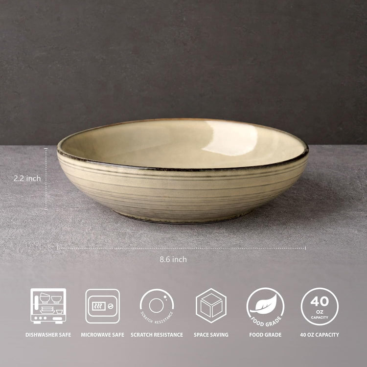 famiware Tempus Pasta Bowls Set of 4, 40 oz Bowls for Kitchen, Stoneware Deep Serving Bowls, Dishwasher & Microwave Safe Bowls for Cereal, Salad, Soup, Dessert etc - Castle Wall