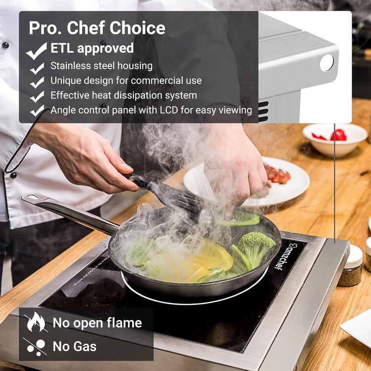 AMZCHEF Induction Cooktop Commercial, Professional Portable Burner, 1800W Countertop Stove Burner with ETL-Certified Induction Hot Plate 3 Hours Timer,8 Temperature & Power Levels,LCD Screen