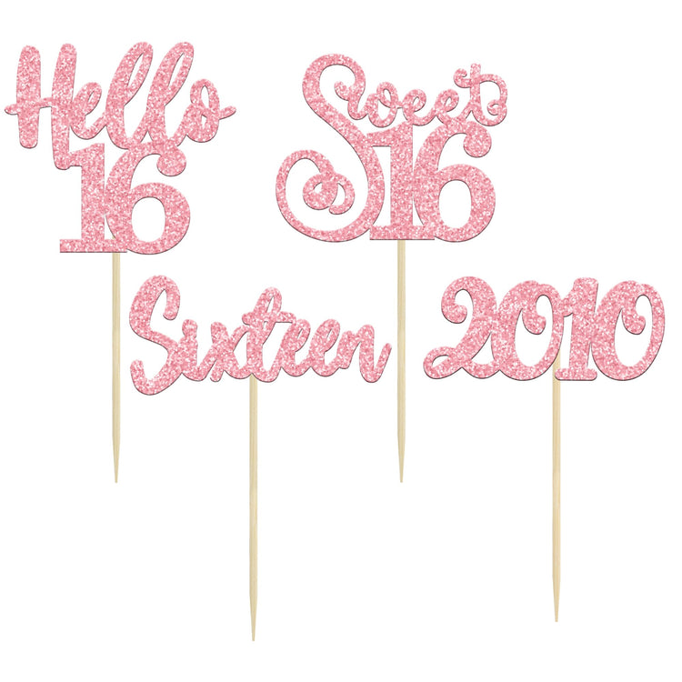 24Pcs Happy 16th Birthday Cupcake Toppers Glitter Hello 16 Sweet 16 Sixteen Years Old Cupcake Picks for Celebrating 16th Birthday Anniversary Party Cake Decorations Supplies Pink (24 Count)