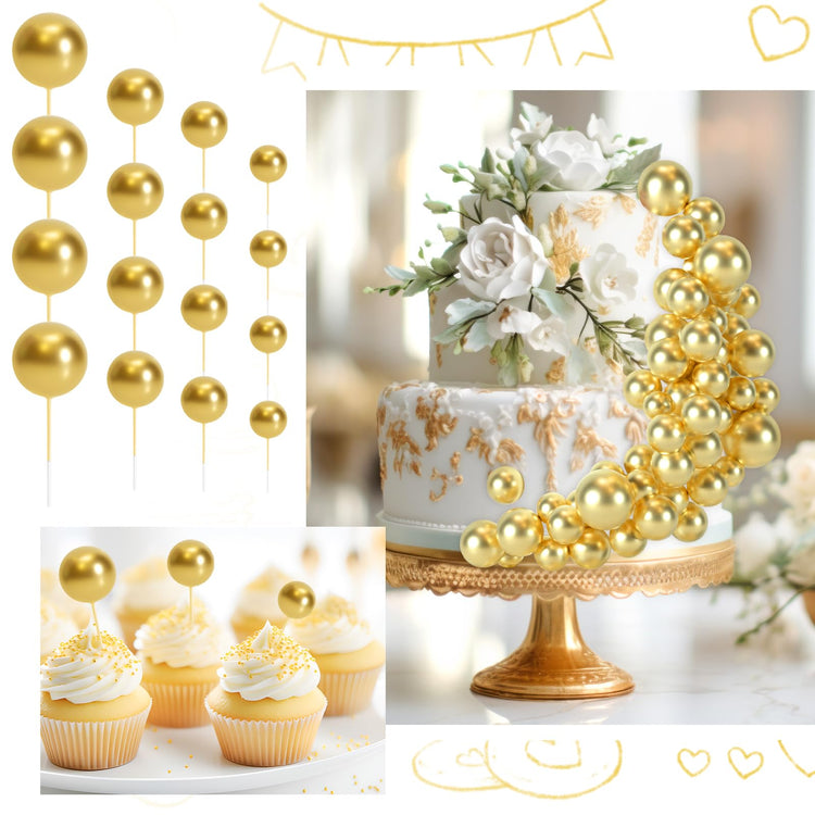 48 Pcs Gold Balls Cake Topper Decorations Balloon Cupcake Toppers Foam Cake Topper Balls Cake Balls Decorations for Birthday Party Wedding Anniversary Cake Decorating (48 Count)