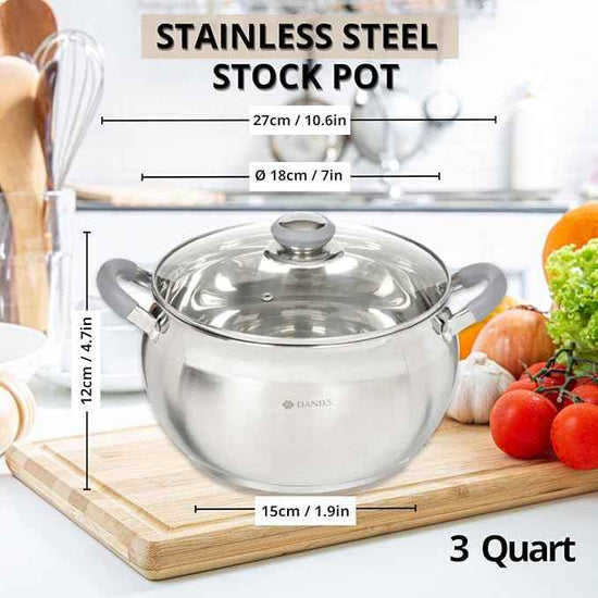 Daniks Modern 3 Quart Stainless Steel Stock Pot with Glass Lid, Tri-Ply Bottom for Even Heating, Induction Compatible, Dishwasher Safe, Heatproof Handles