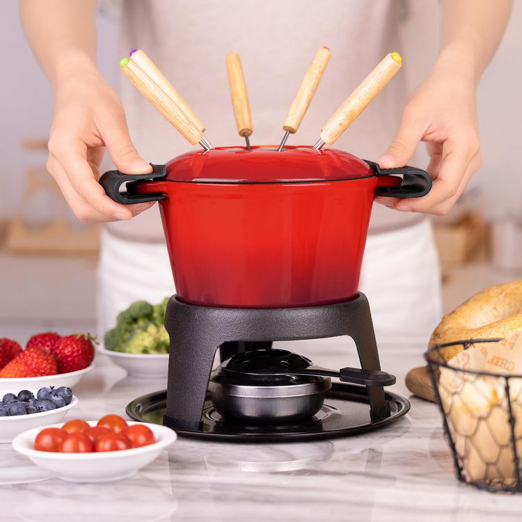 Cast Iron Fondue Pot Set Red Enameled 1.6 Qt for Cheese