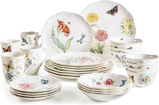 Lenox Dinnerware Set, Butterfly Meadow 28-Piece Set, Service For 4, Porcelain Plates With Scalloped Edges, Plates And Bowls Sets, Microwave Safe, Dishwasher Safe, Home & Kitchen (28 Piece, Assorted)