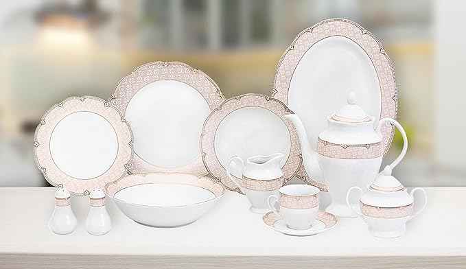 Dinnerware Set for 8-49 Piece Vintage Porcelain Dining Set - Gorgeous White and Pink Floral Design - Plates, Bowls, Cups and Saucers - For Everyday Dishes and Formal Occasions (Sandra Pink 2049)