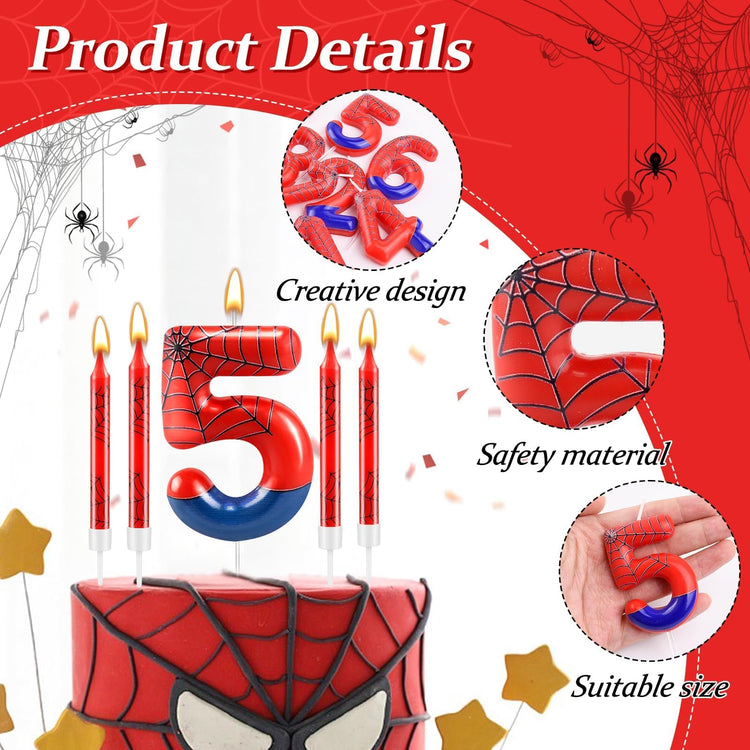 13 Pcs Spider Themed Birthday Candle Set Red Spider Theme Number 5 Candle Cake Topper for Boys Girls Birthday Decoration Spider Party Decoration Supplies (13 Count)