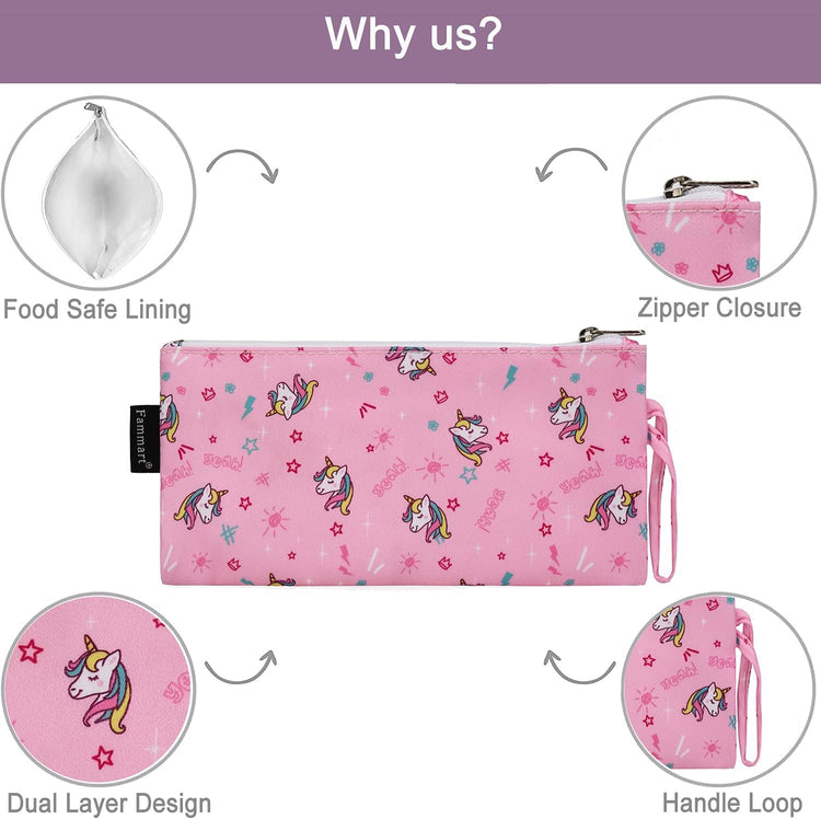 Reusable Sandwich Bag/Snack Bag for Kids & Adults, Dual Layer Lunch Bag with Handle, Washable, Food Safe, BPA Free (2-Pack, Unicorn)