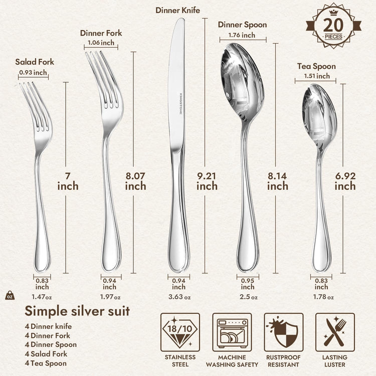 18 10 Stainless Steel Silverware Set for 4 (20 Count)