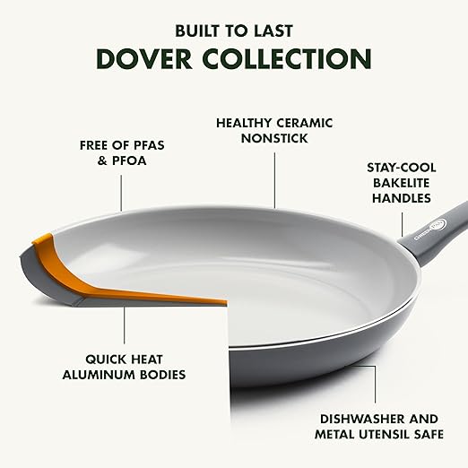 GreenPan Dover 8” and 10” 2 Piece Frying Pan Skillet Set, Non-Toxic PFAS-Free Ceramic Nonstick Coating, Sear Saute Fry Egg Omlete, Dishwasher & Oven Safe, Stay Cool Handle, Easy Pour Rims, Black