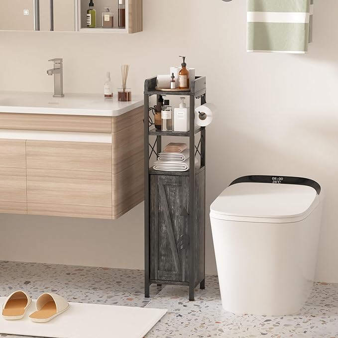 VECELO Small Bathroom Cabinet, Slim Toilet Paper Holder with Magnetic Door&2 Shelves, Narrow Storage Organizer for Bathroom Restroom Tiny Space, Fenced Top Waterproof Board, Coal Grey
