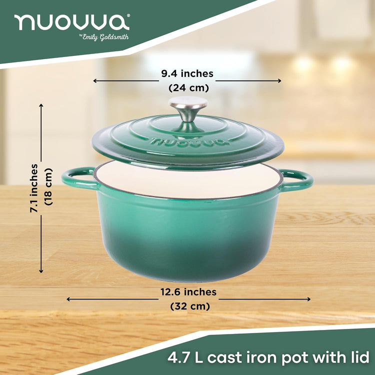 Cast Iron Dutch Oven with Lid – Non-Stick Ovenproof Enamelled Casserole Pot – Sturdy Dutch Oven Cookware – Dark Green, 5-Quart, 24cm – by Nuovva - Nestoria