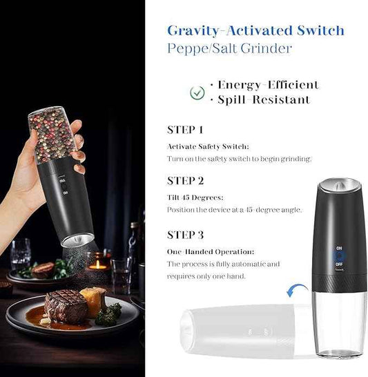 Rechargeable Salt And Pepper Grinder Set, Gravity Electric Salt And Pepper Grinder Set Electric, Salt And Pepper Shakers Set Electric, Adjustable Coarseness, LED Light, (Black+Black)