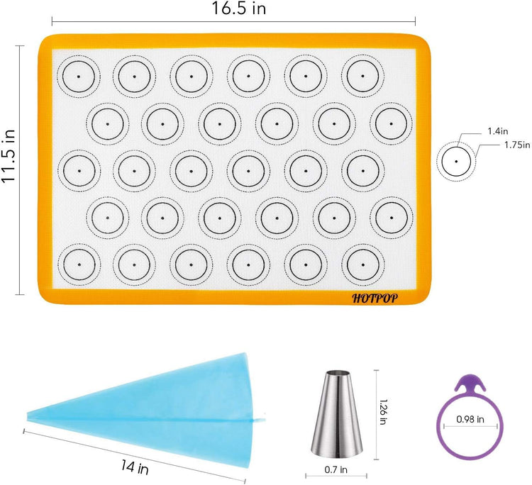 HOTPOP Piping Bags and Tips Set for Macarons - 17-Piece Baking Supplies Kit - Reusable Silicone Pastry Bags - 2 Half-Size Baker Mats - Ideal for Home Pastry Baking (16.5"x11.5")