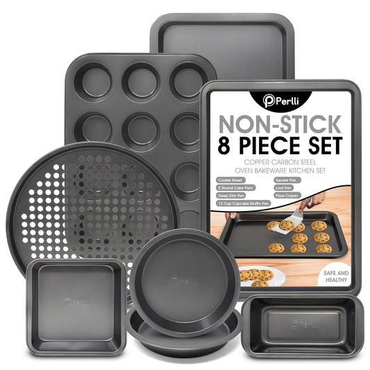 Non-Stick 8-Piece Bakeware Set – Carbon Steel with Even Heat Distribution, Oven Safe to 446°F, BPA-Free, Dishwasher Safe, Stackable Baking Tools for Easy Storage and Everyday Cooking - Gray