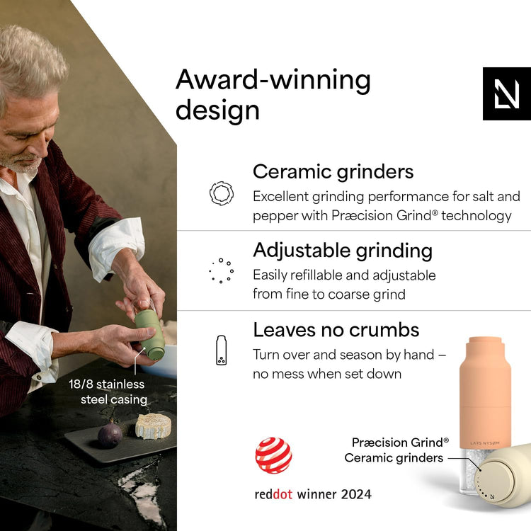 LARS NYSØM Salt and Pepper Grinder Set, Stainless Steel Manual Salt and Pepper Mills, Adjustable Ceramic Grinder, Design Spice Shakers (Peach/Beige)