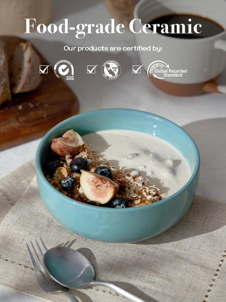 DOWAN 22 OZ Ceramic Soup Bowls & Cereal Bowls - 6" Classic Bowls Set of 4 for Soup, Cereal, Oatmeal, Fruit, Rice - Dishwasher & Microwave Safe (Turquoise)