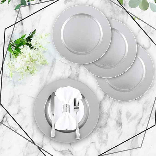 Tanlade 12 Pcs 13 Inch Charger Plates Bulk Round Wedding Chargers Plastic Dinner Plates for Table Setting Wedding Party Decoration (Silver White)