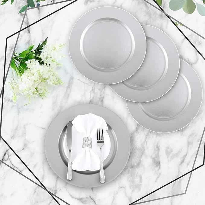 Tanlade 12 Pcs 13 Inch Charger Plates Bulk Round Wedding Chargers Plastic Dinner Plates for Table Setting Wedding Party Decoration (Silver White)