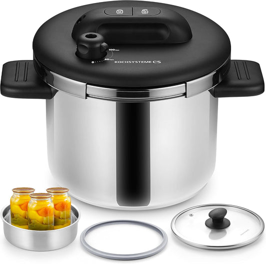 KOCH SYSTEME CS Pressure Cooker Stainless Steel, 6.3 QT Olla de Presion, Easy One-Press Lock, 3 PSI Settings Pressure Cooker, Save 70% Time, Gas & Induction Compatible, Glass Lid & Steamer Rack - Nestoria