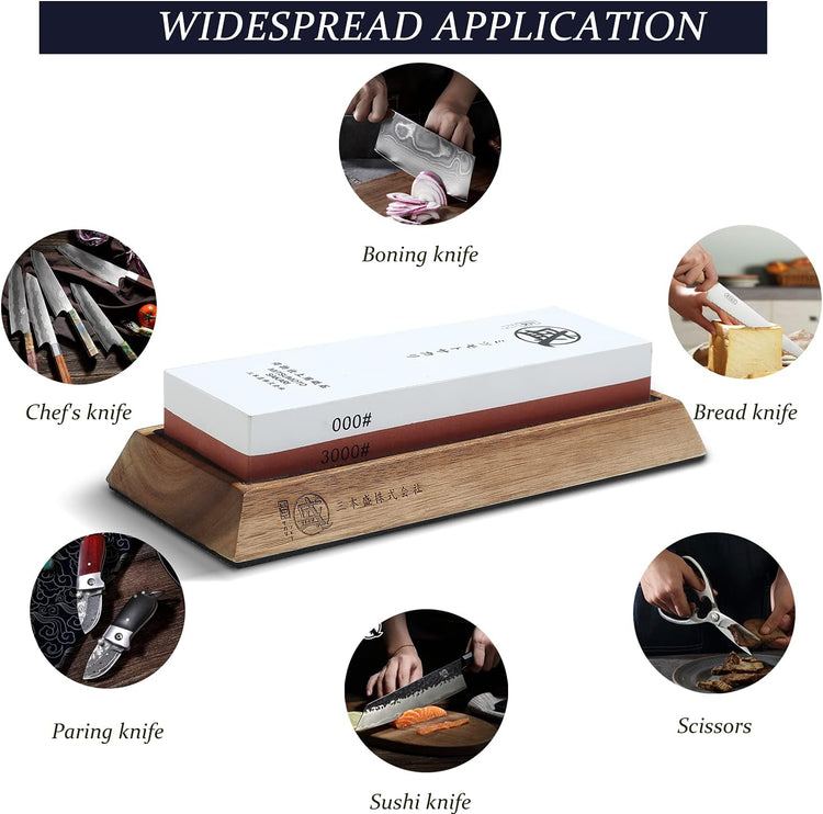 MITSUMOTO SAKARI Japanese Knife Sharpening Stone, Professional Double-Sided Whetstone 1000/3000 Grit, Kitchen Knife Sharpener Stones with Non-Slip Wooden Seat