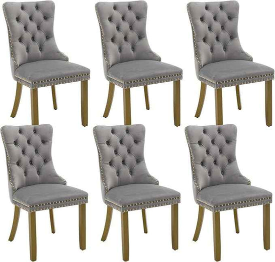 Velvet Dining Chairs Set of 6, Kitchen & Dining Room Chairs, Upholstered Dining Chairs with Back Ring Pull and Golden Solid Wood Legs, Modern Tufted Kitchen Chairs for Dining Room, Light Grey