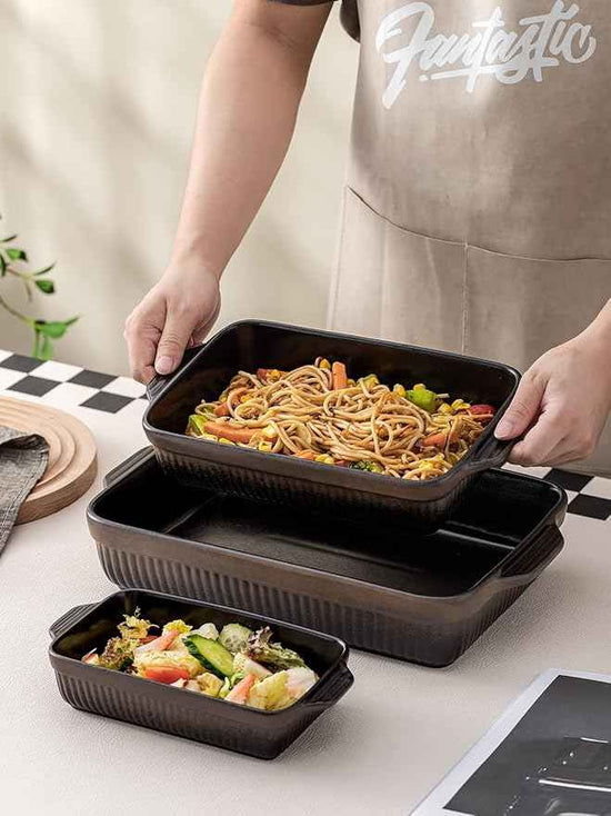Kanwone Ceramic Baking Dishes, Rectangular Lasagna Pans, Casserole Dishes, Bakeware Set for Cooking, Kitchen, Cake Dinner, 9 x 13 Inches, Stripe Series - Reactive Glazed (Matte Black)