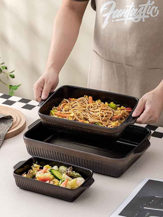Kanwone Ceramic Baking Dishes, Rectangular Lasagna Pans, Casserole Dishes, Bakeware Set for Cooking, Kitchen, Cake Dinner, 9 x 13 Inches, Stripe Series - Reactive Glazed (Matte Black)