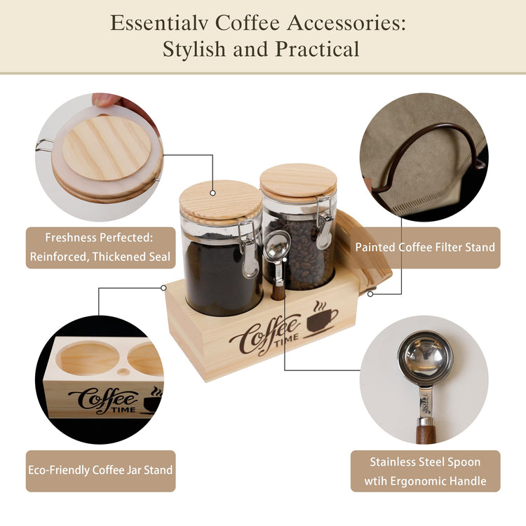 Glass Coffee Canister Set with Shelf & Spoon 2 Piece Coffee Containers for Coffee Bean Storage Airtight Seal