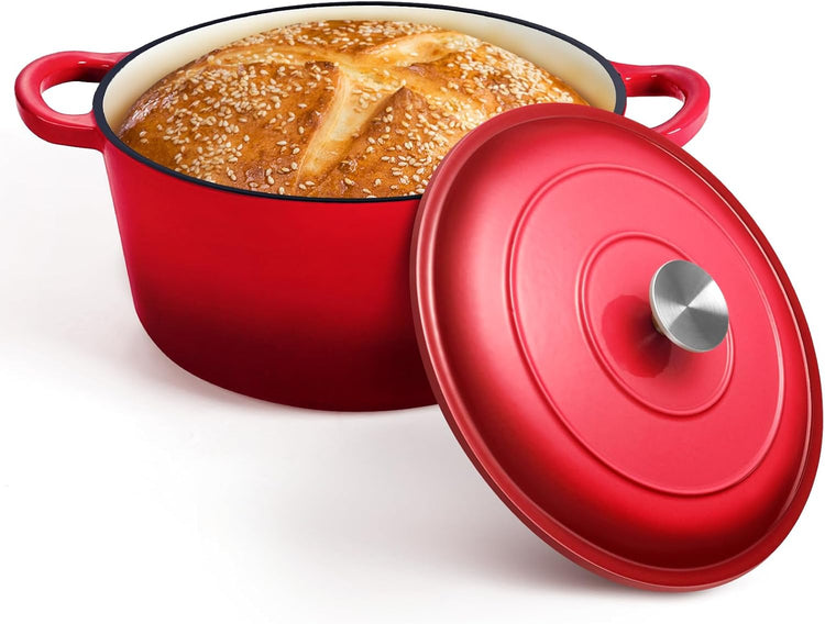 P&P CHEF 7QT Enameled Dutch Oven, Cast Iron Dutch Oven Pot with Lid for Bread Baking, Enameled Casserole Pot for Roasting Braising Stewing Frying Simmering, Various Stoves & Easy Clean, Red - Nestoria