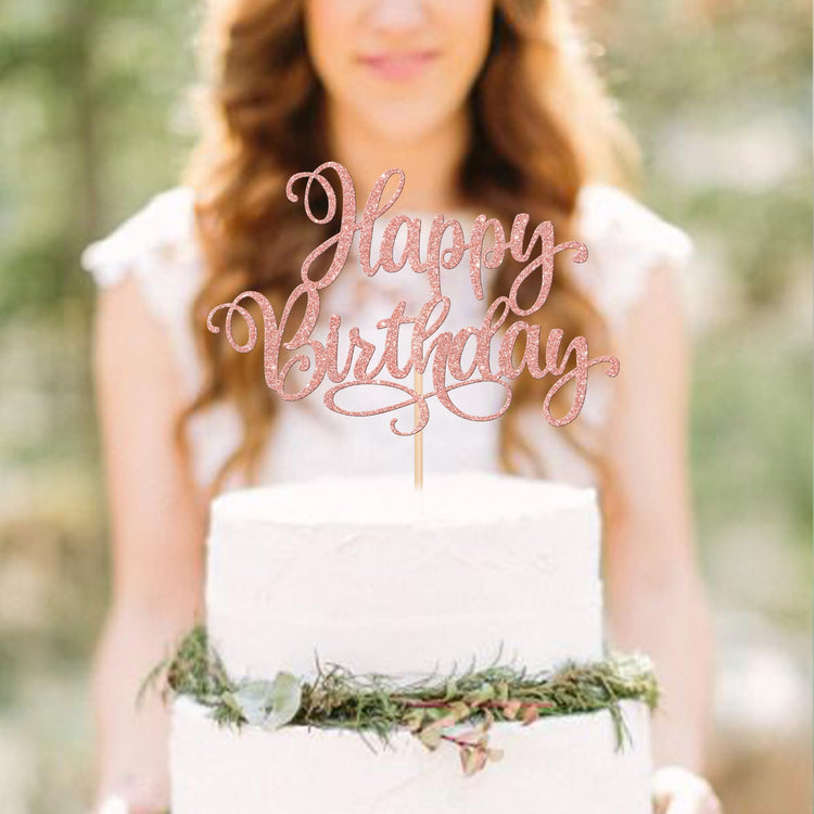1 PCS Happy Birthday Cake Topper Glitter Happy Birthday Cake Pick for Celebrating Happy Birthday Anniversary Party Cake Decorations Supplies Rose Gold