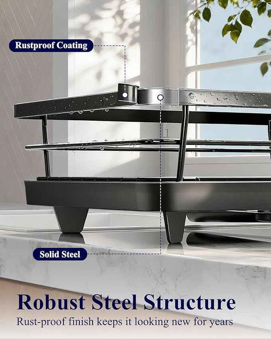 Kitsure Dish Drying Rack for Kitchen Counter, Stainless Steel Sink Organization and Storage Essentials with Cutlery Holder, Home and Appartment Decor, 12''W x 15.5''L, Black
