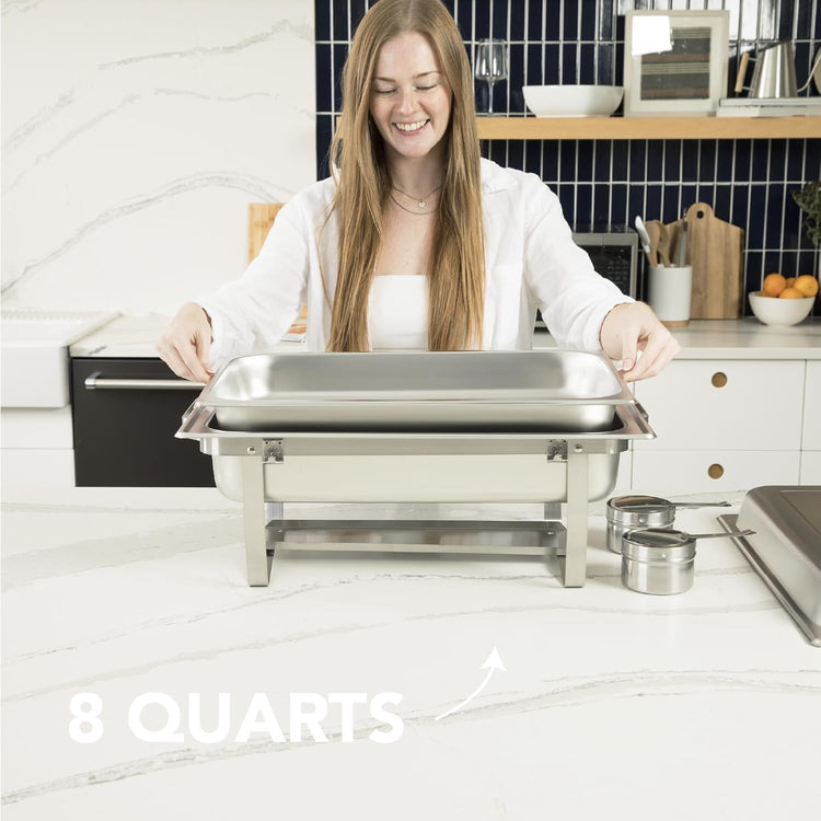 4 Pack Chafing Dish Full Set – Stainless Steel Catering Chafer with Lids, Pans & Fuel Holders – Buffet Food Warmers for Parties, Events & Weddings – Alpine Gray Handles